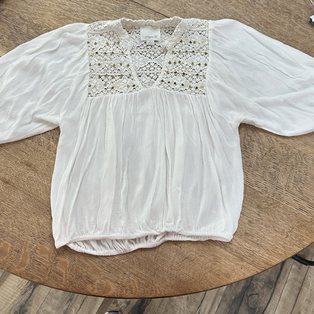 Aryn K. Anthropologie White Gold Crocheted Gauze Embellished Boho Blouse medium - Picture 3 of 15
